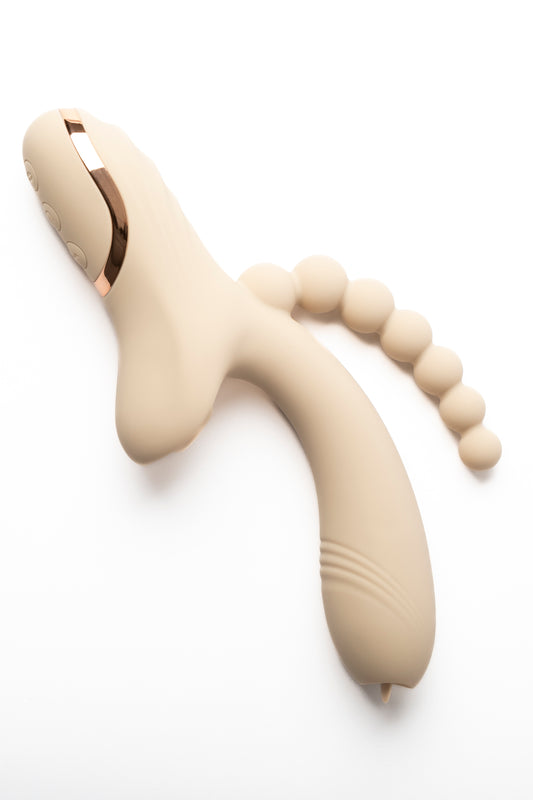 Experience refined relaxation with this elegant beige wellness massager. Crafted from smooth silicone and accented with gold, it combines style and comfort.